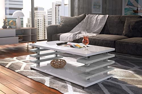 DC-3 Couchtisch Weiß Hochglanz/Beton 120x60cm mit Ablage modern stabil vielseitig Wohnzimmertisch Beistelltisch Sofatisch Zeitloses Design platzsparend robust Wohnzimmer mit Rollen