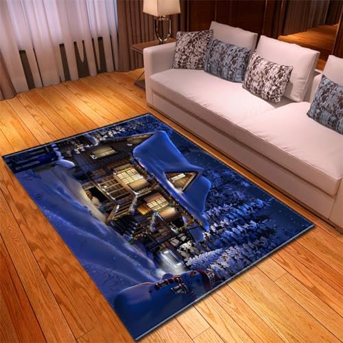 Wohnzimmer Teppiche Große Weihnachten Rentier Schnee-Haus Muster Teppich Kurzer Flor rutschfest Waschbar Fußmatten für Kinderzimmer Balkone Küchen Flure (Stil 2,100x150 cm)