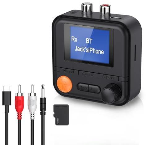 ORIA Bluetooth 5.2 Adapter, 2 in 1 Bluetooth AUX Empfänger mit 1,4 Bildschirm, 5 EQ-Modi, AUX & RCA Kable, Kabelloser Bluetooth Musikadapter für Autoradio, Heimstereo, Kopfhörer - Blau