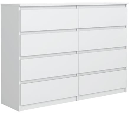 MebLocker Kommode mit 8 Schubladen 140 cm Ideal für Wohnzimmer, Schlafzimmer, Kinderzimmer, Jugendzimmer und Büro Moderne Elegante Lösung für stilvolle Aufbewahrung (Weiß)