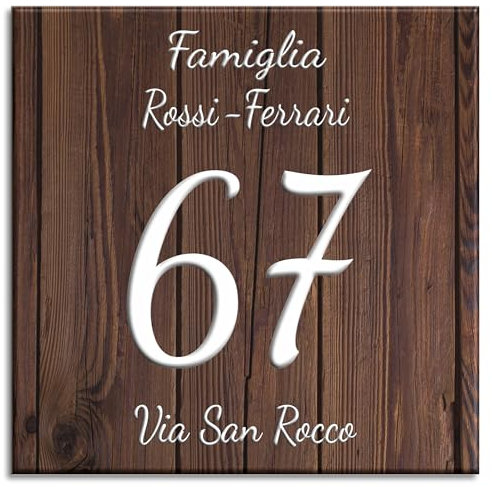 Numero Civico Targa Decorativa PERSONALIZZABILE,Numero Civico su Mattonella in Ceramica 11x11cm, 15x15cm, 20x20cm con Indirizzo e Nome Famiglia Personalizzato,Numeri Civici Moderni. (DW)