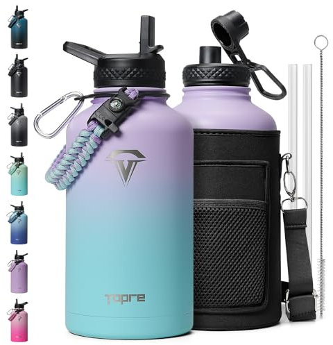 Topre Insulated Water Bottle 64oz,Half Gallon Water Flask Stainless Steel, Cold for 48 Hrs,BPA-Free & Leakproof -with Paracord Handle, Strap,Straw Spout Lids,Large Jug for Gym Sports,Purple Green