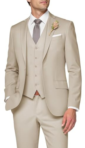 SPTALLFITJSV Beige Suit 3 Piece Mens Suit Slim Fit Groom Tuxedos for Wedding 2025 Elegant Three Piece Suits Single Breasted Classic Fit Attire Man Beige Dress Suits Size L Large