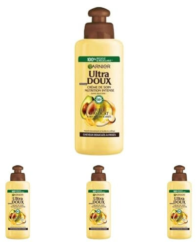 Garnier Ultra Doux À l'Huile d'Avocat et Beurre de Karité - Crème de soin sans rinçage Cheveux buclés à frisés 200 ml (Lot de 4)