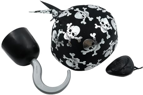Sarini Stück Piratenhaken,Piraten-Augenklappe,heißer silberner Totenkopfhut mit gemischtem Haar,für Kostümzubehör zu Halloween-Piratenpartys
