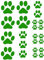 Confox - Katzen/Hundepfoten Sticker. 23er Aufkleber Set in vielen Farben: 12 Stück 2,7x2,6 cm, 5 Stück 4,3x4,1 cm, 6 Stück 7,4x7 cm. (Gelbgrün)