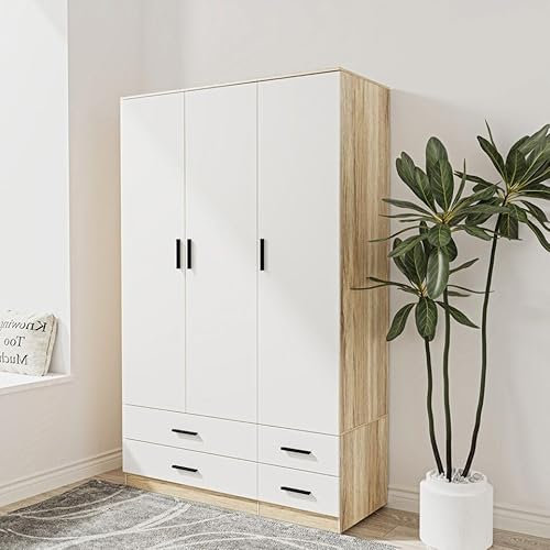 URBNLIVING Modern 3 Door 4 Drawer Wardrobe with Hanging Rail, Bedroom Furniture, Storage Shelf Clothes Organiser Stylish Design, Ample Storage Solution