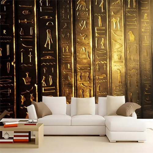 Fototapete 300x210cm Vintage äGyptische Schrift 3D Effekt Hochwertige XXL Moderne Wanddeko Tapete, Gold Vlies Tapete Wandbild für Wohnzimmer Schlafzimmer Büro
