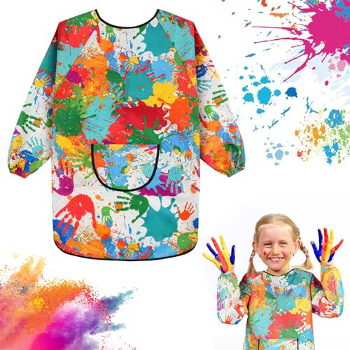 Ainiv Malschürze Kinder Bunte, Wasserdicht Malkittel, Einstellbar Bastelschürze, Lange Ärmel mit Taschen für 7-16 Jahre Mädchen Junge, Bastelschürze für Schule Kunst Malerei Backen Kochen