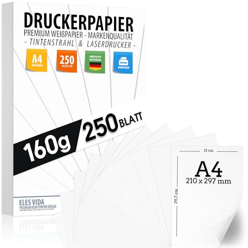 Druckerpapier A4 160g weiß - 250 Blatt – PREMIUM PAPIER Reinweiß - DIN A4-21 x 29,7 cm - Zeichenpapier dick,unbedruckt für Uni, Fotografie, Präsentationen, Basteln, hochwertiges Bewerbungspapier