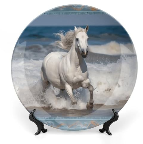 SLKMHFT 10inch Bone China Decorative Plate with Display White Horse Running on The Sea Printed Ceramic Decor Plate Dinner Plates Crafts Decorative Plates for Home Hanging Decoration