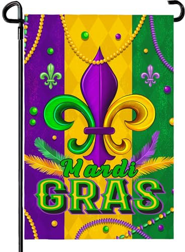 Dacawin Mardi Gras Gartenflagge, 30,5 x 45,7 cm, doppelseitige Lilien-Flagge für Außendekoration, Karnevalsperlen von New Orleans, kleine Flaggen für Garten und Außenbereich