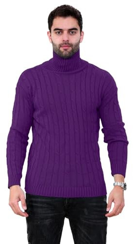 janisramone Mens High Polo Roll Neck Jumper Long Sleeve Cable Knitted Casual Winter Sweater Pullover Purple