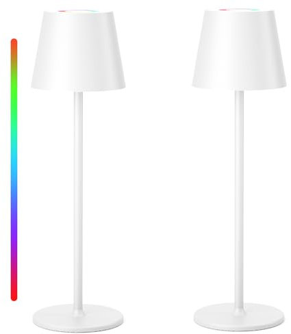 Qsky Tischlampe Kabellos Dimmbare LED Akku Tischleuchte, Wiederaufladbar Warme Lichtfarbe 3000K+RGB Aluminium Outdoor Tischlampe wasserdicht für Restaurant,Schlafzimmer,Bar,IP54 (Weiß 2 Stück)