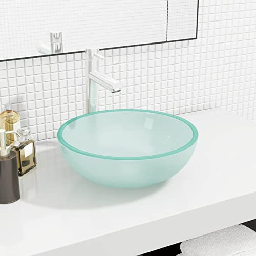Gecheer Lavabo en Verre Trempé Blanc, Diamètre 35cm, Installation Sur Comptoir