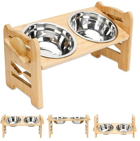 Raised dog Bowl, elevated dog bowls,6-Level Adjustable Raised, Bamboo Dog Feeding Station, 2 Stainless Steel Pet Bowl, dog bowls with stand for Dog and cat Raised Feeders (Woodiness, M)