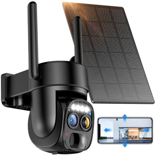 Hawkray Pannel Caméra de sécurité extérieure sans fil solaire double objectif Zoom 10 x Résolution 2K 3 MP Pan/inclinaison 360° WiFi 2,4 et 5 G Caméra alimentée par batterie avec projecteur Alarme PIR