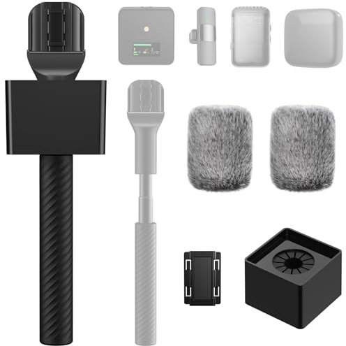 TONOR Wireless Mic Handle for DJI RODE, Mic Stand Adapter with Adjustable length for ALL Lavalier Microphone, Interview Rig with Channel Flag, Rubber Grip, Wind Muff for Vlog Reports Interview, TP40