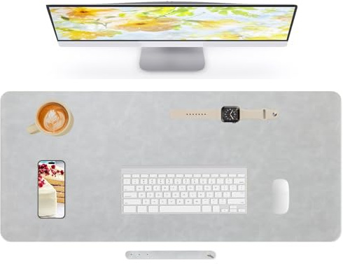 Lllunimon Leder Schreibtischunterlage Groß Mausmatte Desk Pad Mauspad Mat | Crazy Horse Leather Large Mouse Pad Beschützer Rutschfest Wasserdicht Tischmatten für Büro Zuhause (Hellgrau, 120x43cm)
