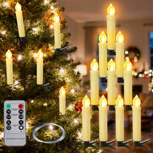 BUOAZR 10 Stück LED Weihnachtskerzen, Flammenlose Flackern Schwebende Kerzen mit Fernbedienung, Warmweiß Christbaumkerzen Kabellos, Batteriebetriebene, Weihnachtsdekorationen