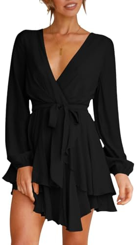 Wenrine Damen Kleider Sexy Tiefer V-Ausschnitt Freizeitkleid A Linie Rüschen Minikleid Langarm Wickelkleid mit Gürtel, Schwarz, L
