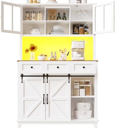Lahoomu Küchenschrank(105×38.4×180cm), Hochschrank Küchenbuffet, Vitrinenschrank, Buffetschrank mit Verstellbaren Ablagen, Sideboard mit LED-Beleuchtung, Variable Lichtfarben, Weiß