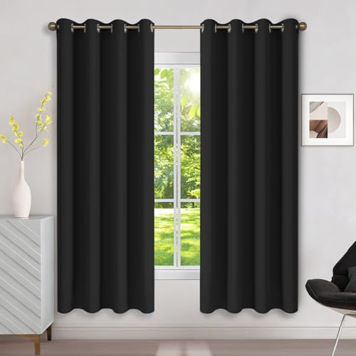 Runyéla Verdunklungsvorhänge mit Ösen Gardinen 2er Set, Thermovorhang Hitzeschutz H 175 x B 140, Vorhänge Blickdicht Schwarz, Ösenvorhang für Schlafzimmer Wohnzimmer Blackout Curtain