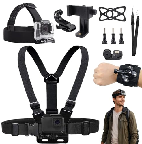 Action Kamera Zubehör Set, Action Kamera Brustgurt Halterung Kit, Brustgurt Halterung Outdoor Sport Anzug mit Brustgurthalterung Handgelenkgurt Stirnband Halterung, Kompatibel mit den meisten Kameras