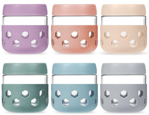 Gemice Lot de 6 bocaux à avoine en verre avec manchons en silicone, 300 ml avec couvercles, pots à salade, petit déjeuner, bocaux Mason pour chia, pudding, granola, yaourt, bouillie, céréales