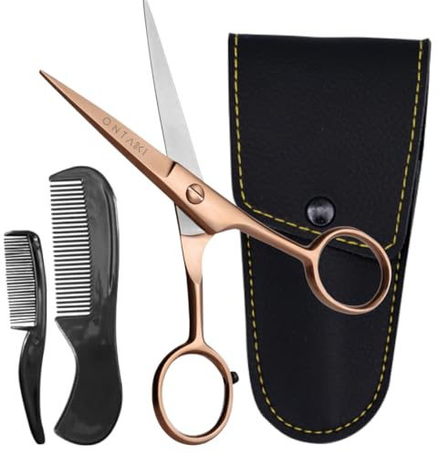 Ontaki Bartschere Männer & Bartkamm Set, Deutscher Stahl, Roségold | Handgeschmiedete 12,7 cm Klingen für Bart & Schnurrbart, mit 2 Bartkämmen & Reise-Etui, Bartpflege für Herren Unterwegs
