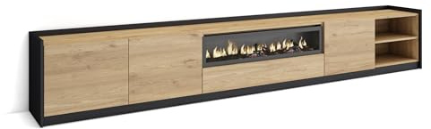 Skraut Home | Mueble TV | Televisión | Muebles de salón, almacenaje | 310x50x37 cm | para TV hasta 80 | Chimenea eléctrica | Estilo Moderno | Roble y Negro
