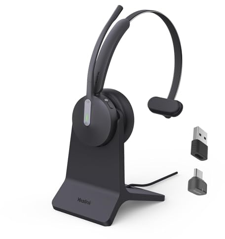 Yealink BH70 with Stand Wireless Headset with Microphone Noise Cancelling Headphones, Teams Headset for Office 35h Talking Battery Life, Mono Bluetooth Headsets Work ≤90min Fast Charging