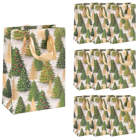Idena 90396 - Geschenktaschen Tannenbaum, 10 Stück in Grün-Gold, Papiertüten in der Größe 16 x 11,5 x 6 cm, Geschenktüten für Weihnachten