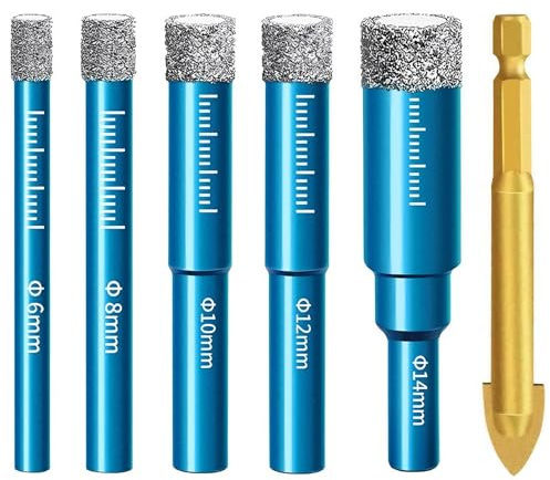 6PCS Brocas Porcelanico, 6/8/10/12/14mm Diamante Sierras Corona y 6mm Broca
