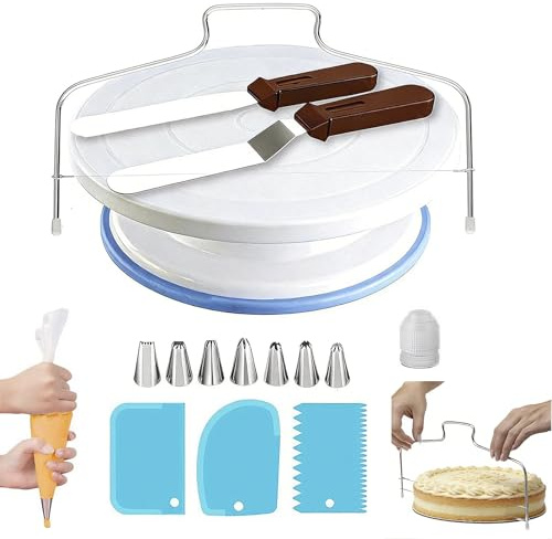 35pcs Cake Decorating Kit - Brown Baking Set with Rotating Cake Turntable, Icing Tips, Piping Bags, Spatula, Scrapers and Non-Slip Stand for Professional Cake Decorating