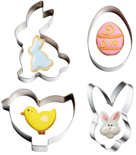 4Pcs Easter Cookie Cutter Set, Stainless Steel Biscuit Molds for Baking, Includes Egg, Bunny, Rabbit Face, and Chick Designs