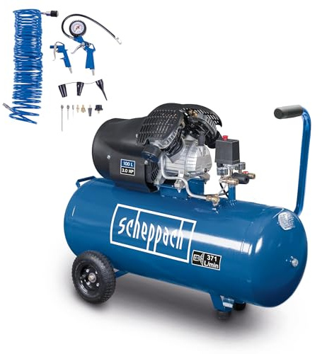 Scheppach Compresseur d’air HC120DC – 230V – 14 accessoires inclus | 2200 W/3,0 PS – 10 bar – Compresseur 100L – Débit d’aspiration 371L/min – Double cylindre
