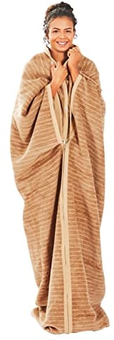 Ibena Fano Wohnmantel 150x200 cm – Kuscheldecke mit Ärmeln braun Camel, mit praktischen Druckknöpfen und Reißverschluss, Ärmeldecke kuschelig weich und angenehm warm