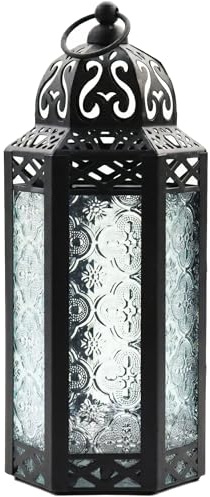 Vela Lanterns Marokkanische Lampenlaterne, dekorativer Kerzenhalter für Innen- und Außenbereich, Heimdekoration, Terrasse, Hochzeiten, schwarzes Metall, klares Glas, mittelgroß