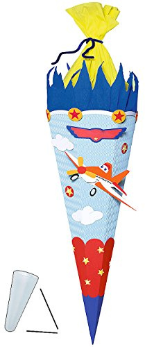 alles-meine.de GmbH BASTELSET Schultüte - Flugzeug - 85 cm - mit/ohne Kunststoff Spitze - Zuckertüte zum selber Basteln - 6 eckig Mädchen Jungen Helikopter mit Propeller FA..