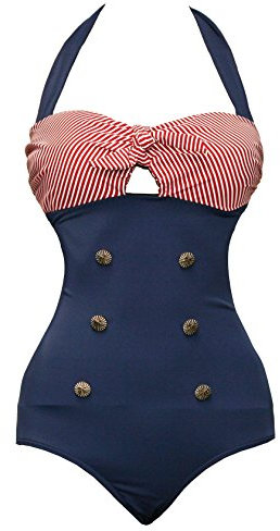 Bslingerie® Ladies Retro Vintage Push Up Plus Size Monokini One Piece Swimwear (L, Red Navy Blue)