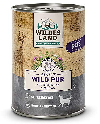 Wildes Land - Wild PUR - 12 x 400 g - Mit Distelöl - Nassfutter für Hunde - Hoher Fleischanteil - Getreidefrei und Glutenfreies Hundefutter