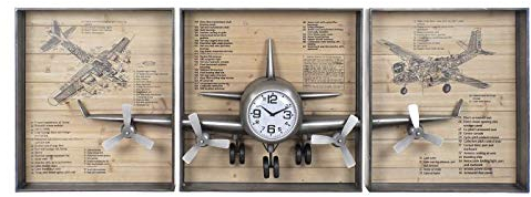 DRW Set von 3 Wanduhr mit 1 Flugzeug aus Metall und Glas in Silber, 205 x 28 x 75 cm, Kristall, 205x28x75cm
