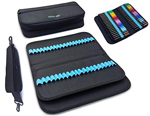 TOOLI-ART Marker & Pen Carrying Case -120 Slots, Canvas, Extra Pockets, Trolley Sleeve, Removable Shoulder Strap, for Most Markers (up to 15mm Diameter), Lipstick, Etc. Black