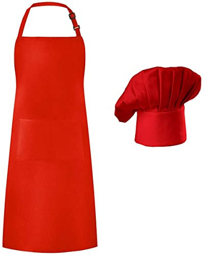 Hyzrz Juego de delantal de chef y gorro de cocina, ajustable, para hombre y mujer - rojo - talla única