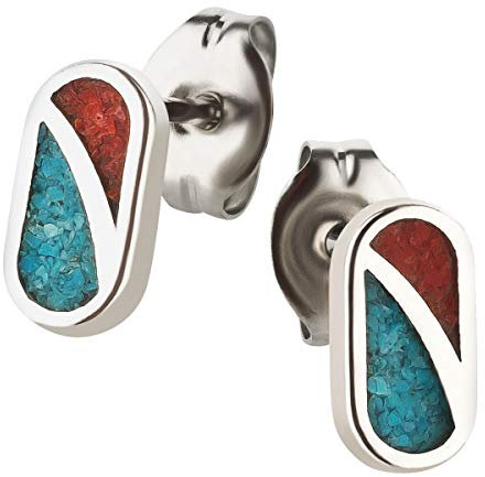 Ohrstecker Ohrringe Modell 6 Silber 925 Sterling Türkis Koralle Inlay als Ohrschmuck mit kleiner Schmuckbox - 7K - Indianer Schmuck Geschenke für Damen, Mädchen, Jungen, Kinder und Herren