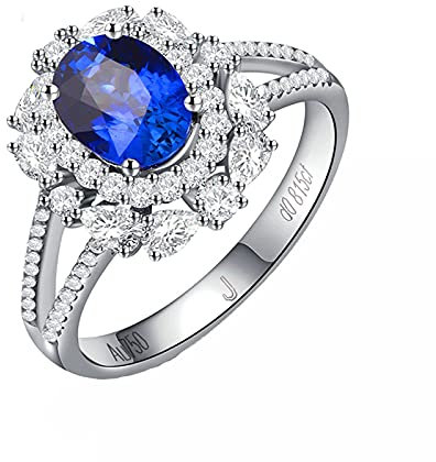 Epinki Blumen Damen Diamant Ring 18 Karat/ 750 Weiß Gold Verlobungsring mit Saphir 1.4ct und Diamant, Dankeschön Geschenke, Gr.60 (19.1)