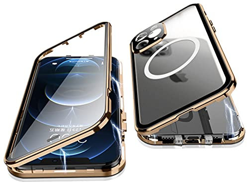 Jonwelsy Case for iPhone 12 Pro Max, 360 Degree Double-sided Protection Compatible with Magsafe Magnetic Adsorption Metal Bumper Front Tempered Glass Back Frosted PC Cover for 12 Pro Max 6.7 (Gold)