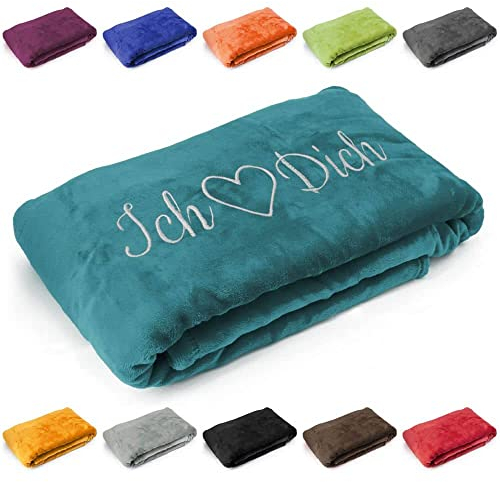 Kuscheldecke Ich Liebe Dich, Geschenk zu Valentinstag, Geburtstag, Hochzeitstag, hochwertig Bestickt, 200cm x 150cm extra weiche und gemütliche Sofadecke/Wohndecke, Farbe: Dunkelpetrol
