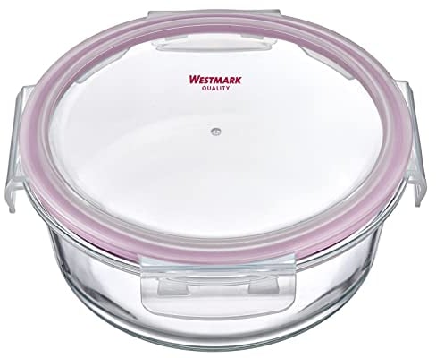 Westmark Tarro de cristal redondo, volumen de llenado: 1300 ml, apto para microondas y horno, cristal, silicona/plástico, transparente/rojo, 233522E1
